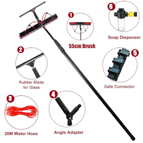 Kit di lavaggio con asta telescopica da 10 m: spazzola alimentata ad acqua, lavavetri, dispenser di sapone, asta da 10 m e tubo flessibile da 20 m, pulizia di pannelli solari, finestre, tetti, auto