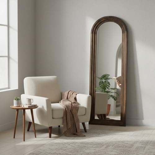 Image of APRODZ Rustic Arched Distressed Wood Mirror Full-Length Floor Mirror | Vintage Farmhouse Style Full Body Dressing Mirror for Bedroom, Living Room & Hallway Decor