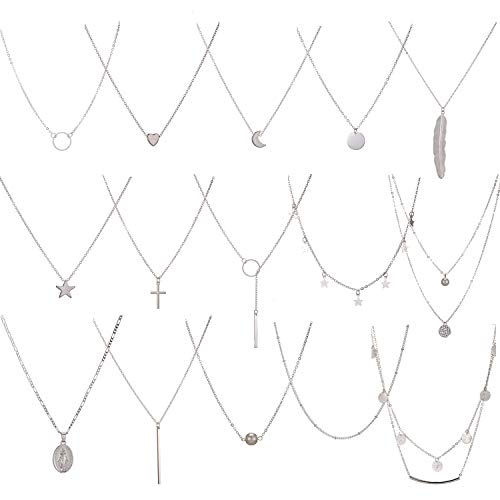 SOFTONES 12-15Pcs Layered Choker Necklace for Women Girls Handmade Dainty Y Necklace Set Sexy Coin Star Moon Pearl Multilayer Pendant Necklace
