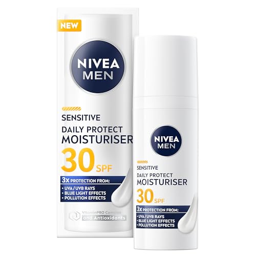 NIVEA MEN Sensitive Daily Protect Moisturiser SPF 30 (50ml) Moisturising Mens Face Cream Suitable For Sensitive Skin Lightweight Face Moisturiser with UV Protection Non-Greasy Formula