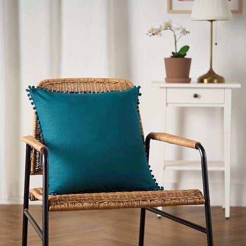 Image of 100% Cotton Pom Pom Cushion Without Filler, Elegant & Modern Cushion Cover for Living Room, Square Shape, 20 inchx20 inch, uni slub, Set of 2 - Teal Green
