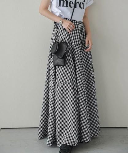 chouyatou Women's Retro Plaid A Line Midi Skirt Gingham High Elastic Waisted Pleated Swing Long Skirt3