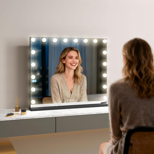 Image of Vanity Mirror with Lights,Makeup Mirror with 17 Dimmable LED Bulbs, 3 Color Lighting Modes Detachable 10X Magnification Mirror Touch Control, 23.6X19,7 inch, Black