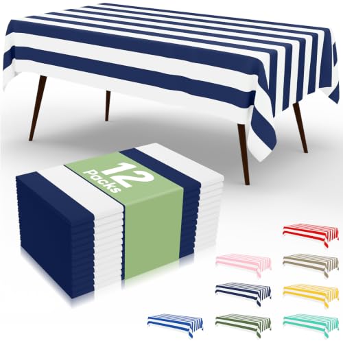 Image of misaya 12 Packs 54 inch x 108 inch Plastic Disposable Table Cloth, Navy and White