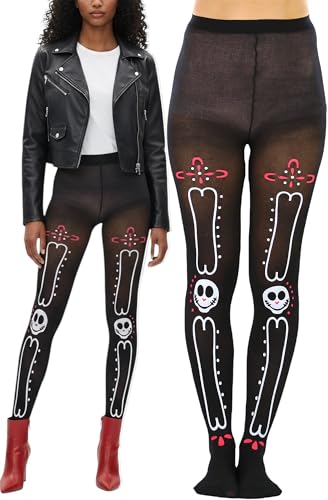 Image of ToBeInStyle Women's Sugar Skull Dia de los Muertos La Catrina Skeleton Bones Tights & Thigh High Stockings
