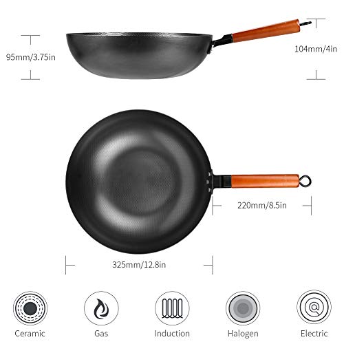 Wok Pan 12.5 Inch, No Chemical Carbon Steel Stir Fry Pan with Detachable Wood Handle, Scratch Resistant Flat Bottom Chinese Iron Pot For Electric, Induction & Gas Stoves, Oven & Dishwasher Safe