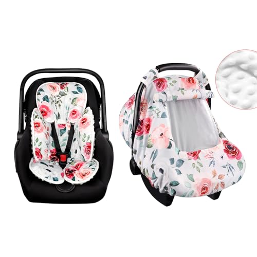 Image of CARUILI Infant Car Seat Insert & Winter Car Seat Covers for Babies, Minky Warm Infant Car Seat Cover, Infant Car Seat Head Body Support Pillow, Floral