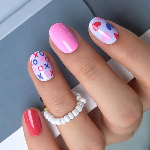 Image of Curvlife Press On Nails Extra Short Square Pink - Valentine Hearts Press on Nails with Glue, Love Kisses Red Pink Glossy Cute Fake Nails Long Lasting False Nail Tips for Women Girls Teens