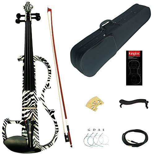 Image of Kinglos. Visual-Art Advanced Electric Violin 4 /4 Full Size Ebony Fittings | Kit Incl. Case Bow Shoulder Rest Aux Cable Spare Bridge Strings - Solid Wood Black Zebra Silent Violin Set for Adult Beginner