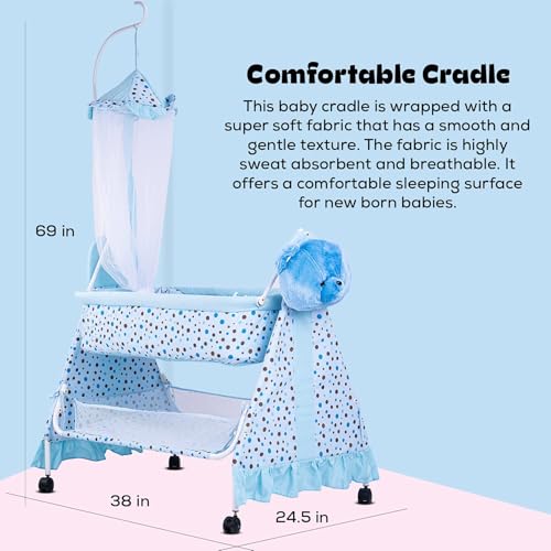 Image of BAYBEE CozyNest Baby Cradle and Swing Jhula for Newborn Babies with Removable Mosquito Net, Washable Fabric, Lockable Wheels & Safe Sleeping Bed Crib for Infants Up to 2 Years (Blue)