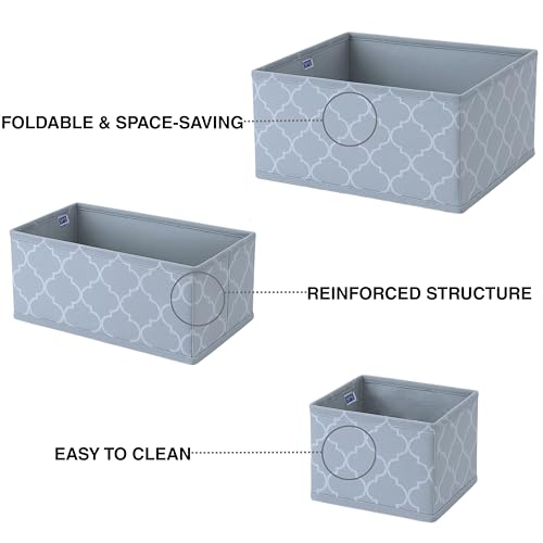 Image of Skrill 12-Piece Foldable Cloth Storage Box Set | Cube Baskets, Bins & Dividers for Closet & Dresser Drawer Organization | Storage for Shirts, Pants, Underwear, Bras, Socks & More (Quatrefoil Grey)