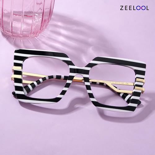Image of Zeelool Oversized Blue Light Glasses for Woman Black White Stripe Square Eyeglasses Fashion Computer Eyewear Anti Eyestrain Poutine JGX444789-10B