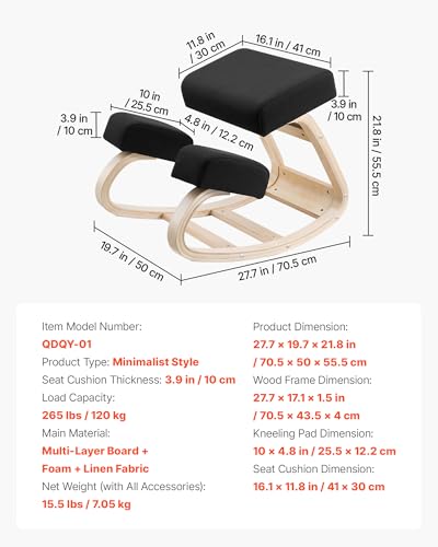 Image of VEVOR Ergonomic Kneeling Chair, Wooden Posture Knee Chair with Thick Foam Cushions and Solid Wood Frame, Adjustable Height, Natural Relief for Neck or Back Pain, Ideal for Home, Office or Meditation