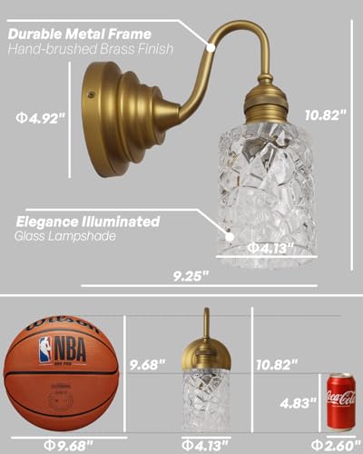 Image of Vintage Gold Sconces with Clear Glass Shade, Indoor Hardwired | wall mounted light for bathroom mirror, living room, bedroom, kitchen,easy install & clean,rustproof,hand glass,E26, UL