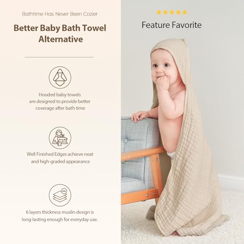 Image of Unnivoll Hooded Baby Towels for Newborn - 2 Pack, 100% Muslin Cotton, Baby Bath Towels with Hood, Soft and Absorbent for Boys, Girls Infant, Toddler and Kids, Large 32x32 Inches, Newborn Essential