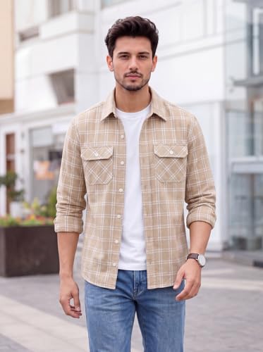 Image of Amazon Brand - INKAST Men's Cotton Blend Button Down Shirt || Long Sleeve Casual Flannel Check Shirt || Soft Breathable Lightweight Collared Shirts with Two Flap Chest Pockets || Stylish Everyday Wear