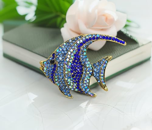 Image of Gyn&Joy Womens Blue Tropical Ocean Fish Sea Animal Brooch Pin | Tropical sea fish silhouette complements scarves, jackets and dresses for laid-back holiday daily looks