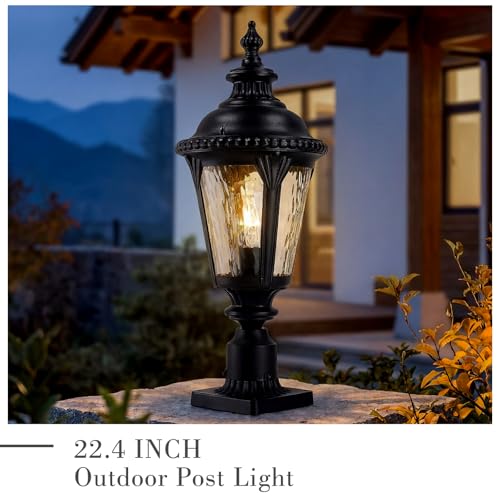 Image of Emliviar Matte Black Lamp Post Light Fixture, 22.4 inch Aluminum Outdoor Waterproof Post Lighting for Yard and Garden, Water Ripple Glass, XE265P-M BK-SW