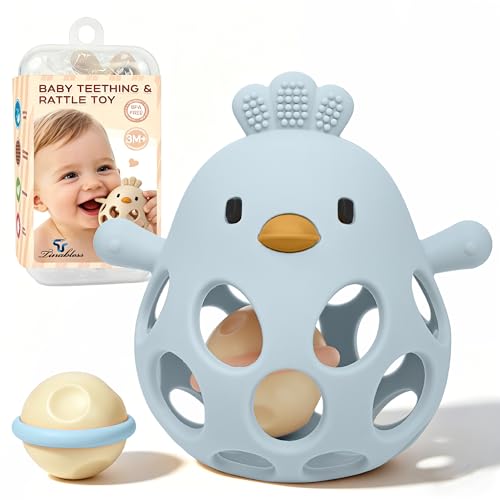 Image of Tinabless 2-in-1 Baby Teething Rattle Toy, Easy Grip Silicone Teether for Babies 3-12 Months, BPA-Free Sensory Grasping Chew for Sore Gums, Infant Shower Gift (Blue w /Rattle)