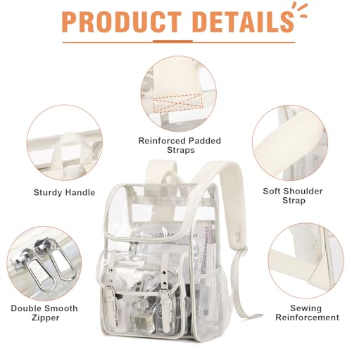 Image of DIGOBAY Clear Backpack with Lunch Bag, Leather Clear Bookbag Heavy Duty | Thick PVC Clear Backpack for Girls Women See Through Transparent Backpacks for Stadium Events College Travel Work, Beige