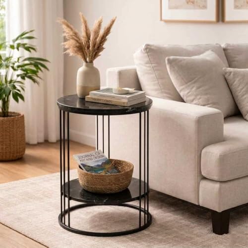 Image of Coffee Table /End Table /Center Table /Sofa Side Table /BedsideTable /nightstand for Living Room Bedroom Balcony Table with Marble Design Wooden Top Full Black