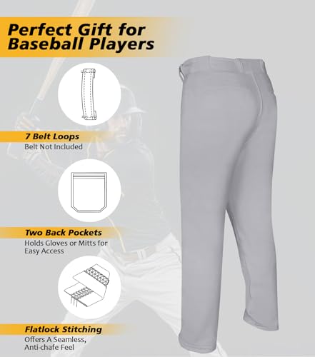 Penveer Full Length Men's Baseball Pants, Open Bottom, Loose Fit Adult Baseball Pants with Adjustable Length (Grey, AXL)