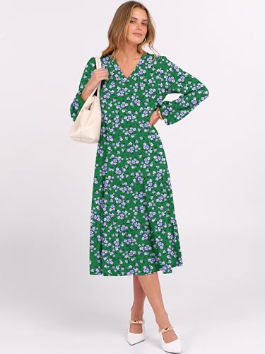 Image of ANRABESS Women's Long Lantern Sleeve Floral Midi Dresses 2026 Fall V Neck Casual Flowy A-line Tiered Boho Vacation Dress