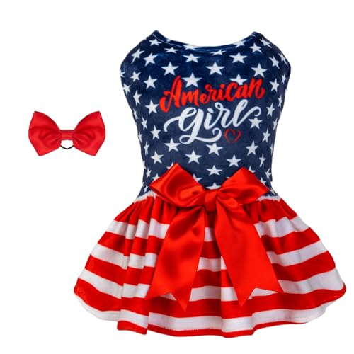 Image of CuteBone Dog Dresses Velvet 4th of July Small Dogs Clothes Onesie Pet Apparel Girl Puppy Skirt with Bow Hair Rope