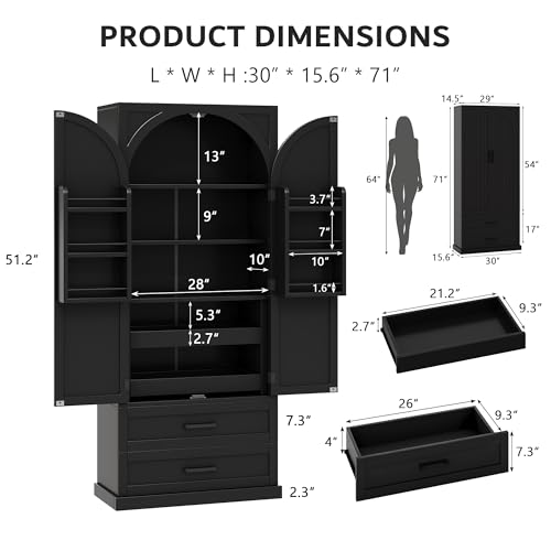Image of iPormis 71 inch Tall Kitchen Pantry Storage Cabinet w /Adjustable Shelf, Large Drawers & Door Shelves, Freestanding Kitchen Cupboard for Dining Room /Living Room, Classic Black