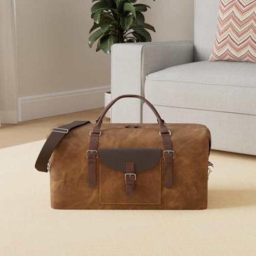 Oversized-Travel-Duffel-Bag-Waterproof-Canvas-Genuine-Leather-Weekend-bag-Weekender-Overnight-Carryon-Hand-Bag-Brown