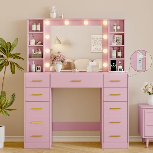 Image of Wodeer Makeup Vanity with Drawers, 43 inch Pink Vanity Desk with Mirror and Lights, 11 Drawers & 4 Shelves, Power Outlet & Adjustable LED Lights, Dressing Table for Women & Girls Bedroom