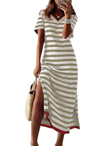 Image of Dokotoo Womens Summer Casual Trendy 2026 Short Sleeve Maxi Dress Striped Split Vacation Color Block T Shirt Dress