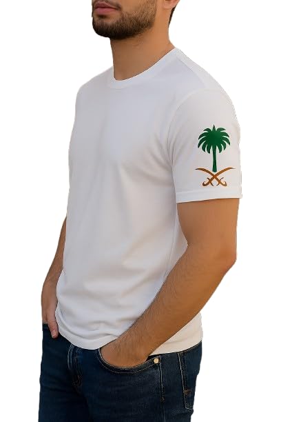 H.F.A Mens Saudi Palm and Swords Emblem T-Shirt Short Sleeve White and Black 2 Colors 5 Sizes (UAE/KSA Alpha S Regular Regular White)