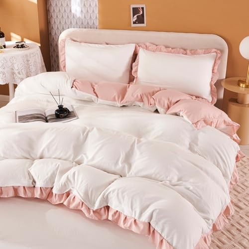 Freyamy Mädchen Bettwäsche 220x240 Weiß Rosa Uni Rüschen Bettwäsche Set – Ansicht 2