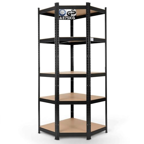 Arebos Eckregal Schwerlastregal Steckregal 875kg | Einfache Montage durch Stecksystem | 180 x 70 x 70 cm | 5 Böden aus MDF | bis zu 175 kg pro Regalboden | Schwarz