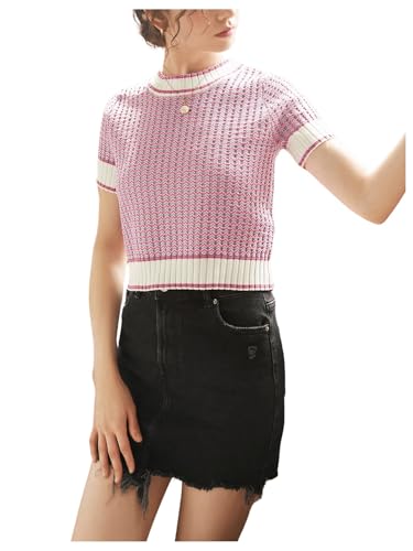 GORGLITTER Women's Short Sleeve Cropped Sweater 2025 Fall Ribbed Knit Striped Pullover Crop Tops4