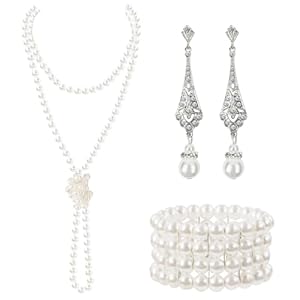 1920s Pearl Jewelry Set – Long Pearl Necklace, Earring Set, Multilayer Bracelet – Flapper Accessories for Women