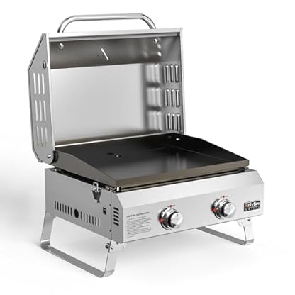 onlyfire Plancha Tischgasgrill 2-Brenner mit Deckel, Klappbaren Beinen, Keramische Lackbeschichtung Grillplatte, Grillfläche 45,8x36CM, Kompakt Tischgrill, Tragbarer Balkon-, Camping-Grill, 4,7 KW