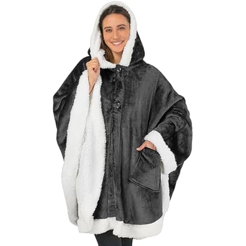 PAVILIA Sherpa Fleece Wearable Blanket for Adult Women, Cozy Plush Blanket Poncho Cape with Hood, Super Soft Shawl, Angel Wrap Throw for Office, Dark Gray Cover
