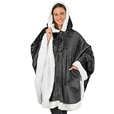 PAVILIA Sherpa Fleece Wearable Blanket for Adult Women, Cozy Plush Blanket Poncho Cape with Hood, Super Soft Shawl, Angel Wrap Throw for Office, Dark Gray