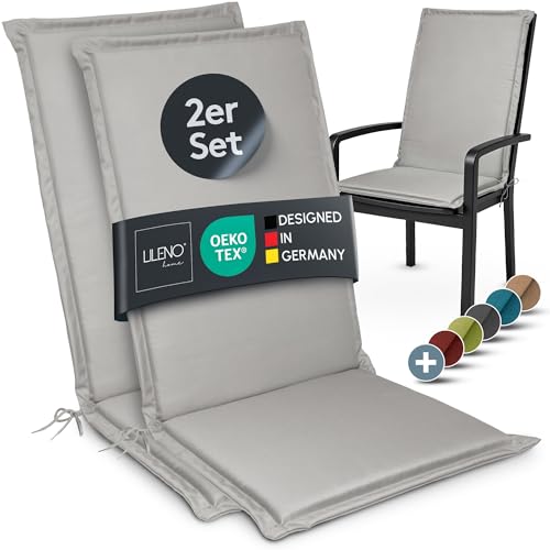 LILENO HOME Gartenstuhl Auflagen [2er Set - Hochlehner] in Grau - Bequeme Liegen als Sitzauflagen für Gartenmöbel - Stuhlkissen für Gartenstühle und Klappstühle MIA