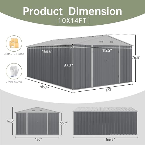 Image of Devoko 10x14 FT Outdoor Storage Shed, Large Metal Storage Sheds with Lockable Door, Utility Garden Tool Shed with Sloping Roof, Outside Steel Storage Sheds for Patio Lawn Backyard, Gray