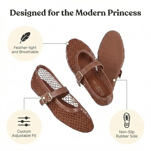 Image of EMMA NEW YORK Mesh Ballet Flats for Women, Mary Jane Mesh Ballet Flats Shoes for Women with Buckle Strap