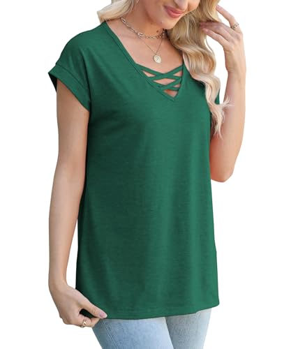 JomeDesign Short Sleeve Shirts for Women V Neck Loose Casual Tshirts Summer Tops Green