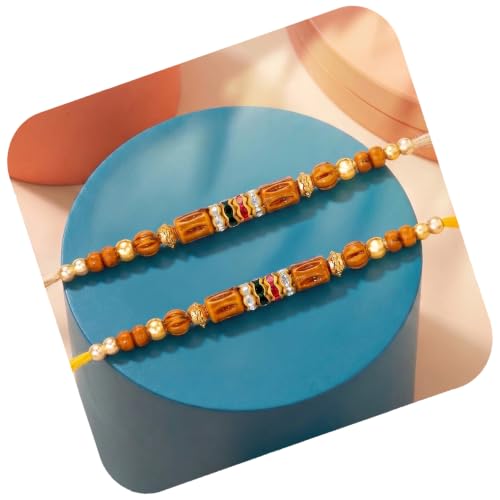 Image of Peora Rakhshabandhan Thread Rakhi for Brother Bhaiya | Kundan Beads & Crystal Studded | Combo Set of 2 | Rakhi Hamper Roli Chawal & Greeting Card