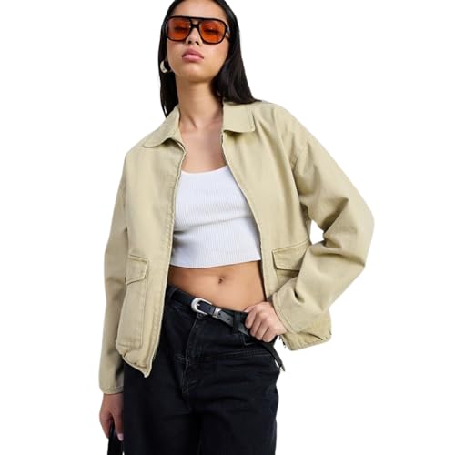 Women’s Long Sleeve Collared Denim Jacket Solid Oversized Shacket Winter Warm Coat with Patch Pockets