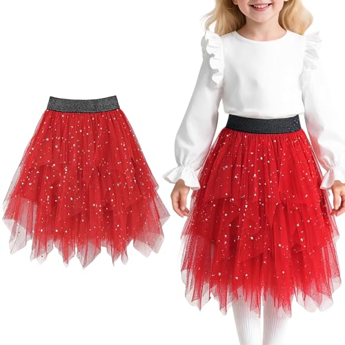 Baogaier Falda Tul Niñas, Elegante Lentejuelas Tutu Cintura Elástica Midifalda Bajo la Falda en Múltiples Capas Falda, Cumpleaños Party Carnaval Halloween Fiesta Disfraz 5 6 Años, Rojo