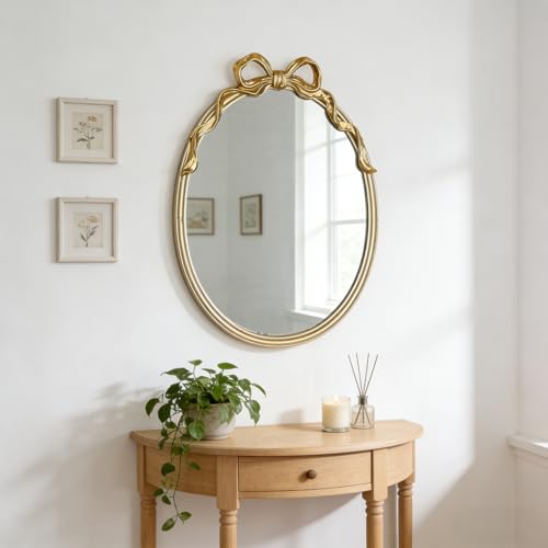 Oval Wall Mirror with Gold Finish Iron Frame with Decorative Bow Design Elegant Vintage Style