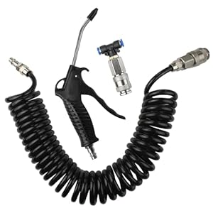 LxsNyvantic Ausblaspistole Set mit 5 m Spiralschlauch, Druckluftpistole schwarz mit 150 mm Edelstahldüse, PPS-Dichtventil, Doppel-Aufhänger & Schnellkupplung, für PC-Gehäuse Auto Möbel Luftreinigung