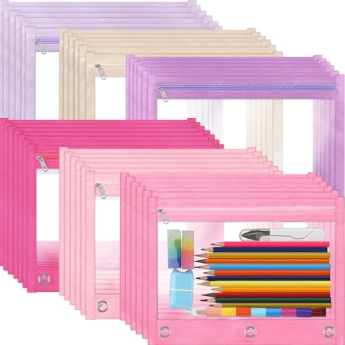 Image of Lincia 36 Pack Pencil Pouches for 3 Ring Binder with Zipper Bulk Binder Pencil Bags, 6 Colors, Binder Pencil Case with Double Sided Clear Window for College Office Supplies(Pink)